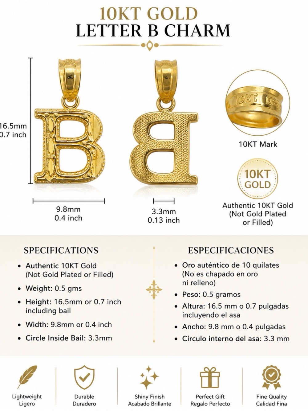 10KT Gold Letter B Charm Pendant - Gold Initial Jewelry